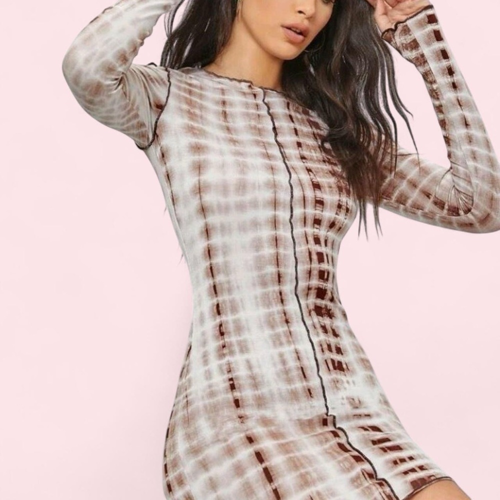 SHEIN Brown Long Sleeve Tie-Dye Dress